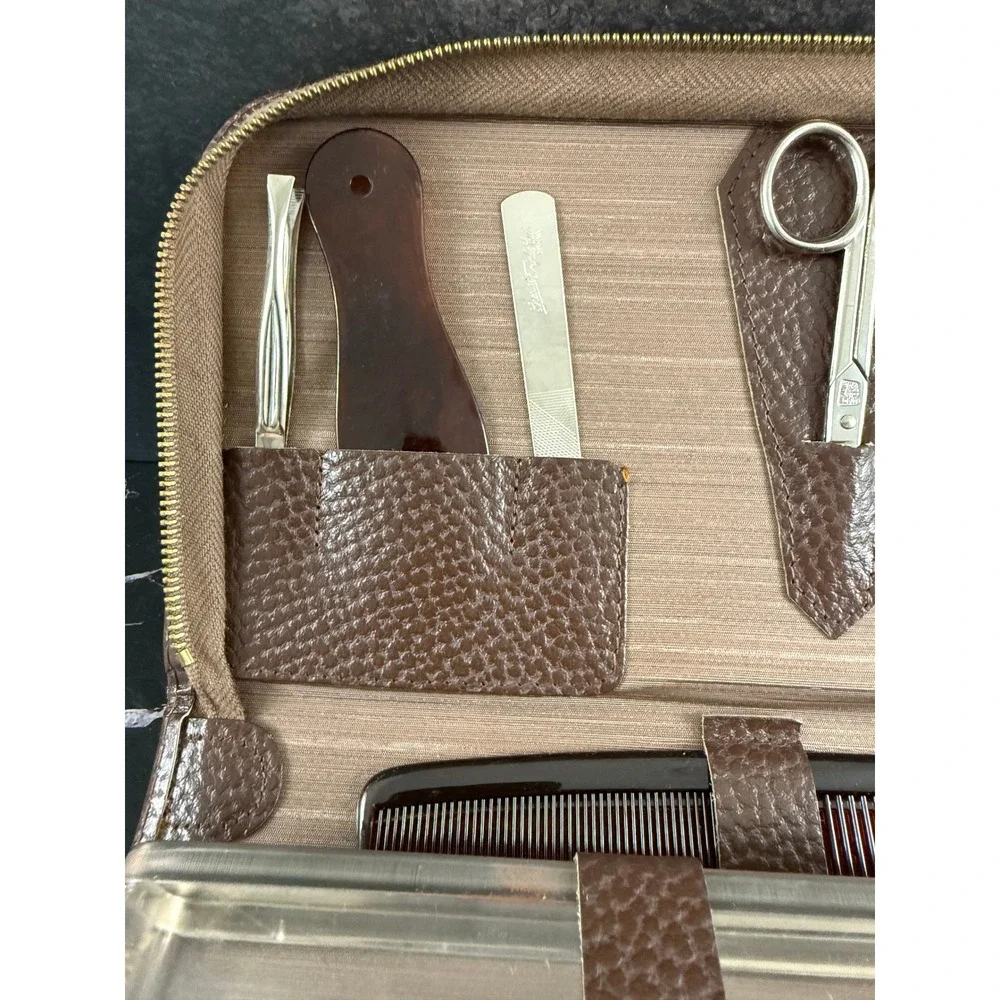 VTG NEW Brown Leather Trimmed Mens Grooming Manicure Set Made in Germany